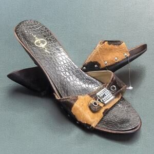 Joey‎ cowhide bling wooden kitten heel shoes Women's Size 9 Slides